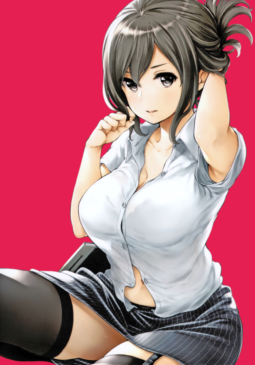 1girl absurdres arm_up armpit_peek black_eyes black_legwear black_panties bra breasts brown_hair cleavage garter_straps highres kojima_kana large_breasts looking_at_viewer midriff_peek nande_koko_ni_sensei_ga!? navel panties panty_peek parted_lips pencil_skirt red_background scan see-through simple_background sitting skirt soborou solo striped thighhighs unbuttoned unbuttoned_shirt underwear up_sleeve vertical-striped_skirt vertical_stripes