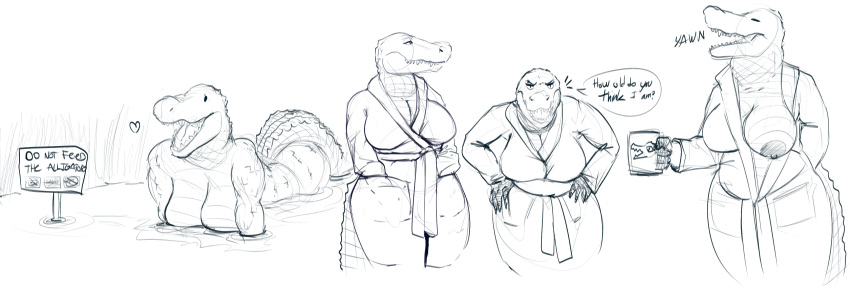absurd_res alligator alligatorid anthro bathroom big_breasts blue_and_white breasts cleavage clothed clothing coffee_mug crocodilian doctordj female happy hi_res mature_female monochrome nipples non-mammal_breasts nude open_mouth reptile scalie sharp_teeth sketch slightly_chubby solo swamp teeth