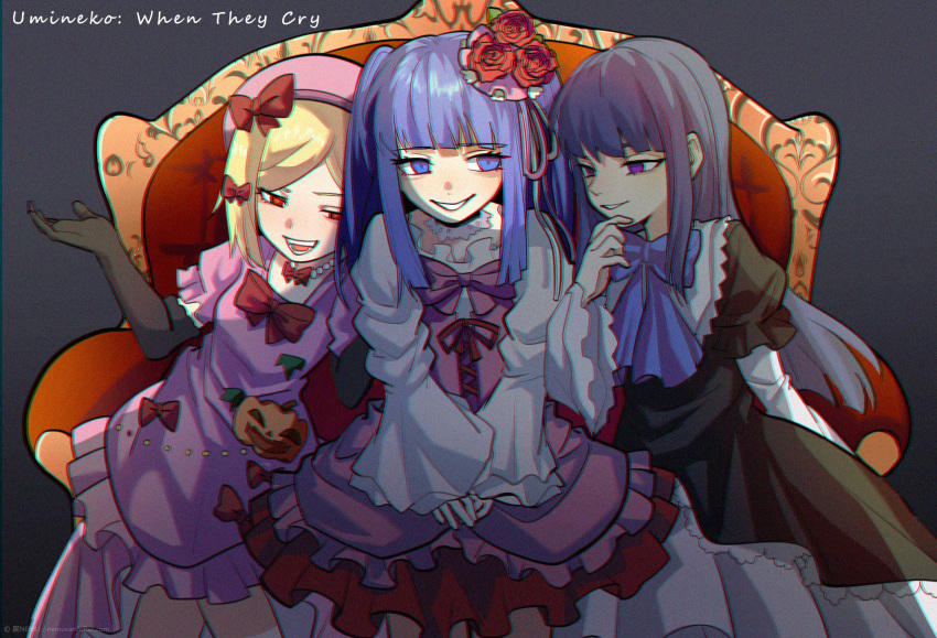 3girls bead_necklace beads black_dress blonde_hair blue_eyes blue_hair blue_ribbon bow choker couch dress eyebrows_behind_hair eyebrows_visible_through_hair film_grain flower frederica_bernkastel frilled_dress frills furudo_erika grey_background hand_on_own_chin hat highres jewelry kiliko-san lace lace_choker lace_dress lambdadelta layered_sleeves long_hair long_sleeves multiple_girls necklace open_mouth pink_dress pink_headwear pink_ribbon puffy_short_sleeves puffy_sleeves purple_eyes red_bow red_eyes red_flower red_ribbon red_rose ribbon rose short_hair short_sleeves sitting sleeves_past_wrists smile twintails umineko_no_naku_koro_ni visible_ears w_arms