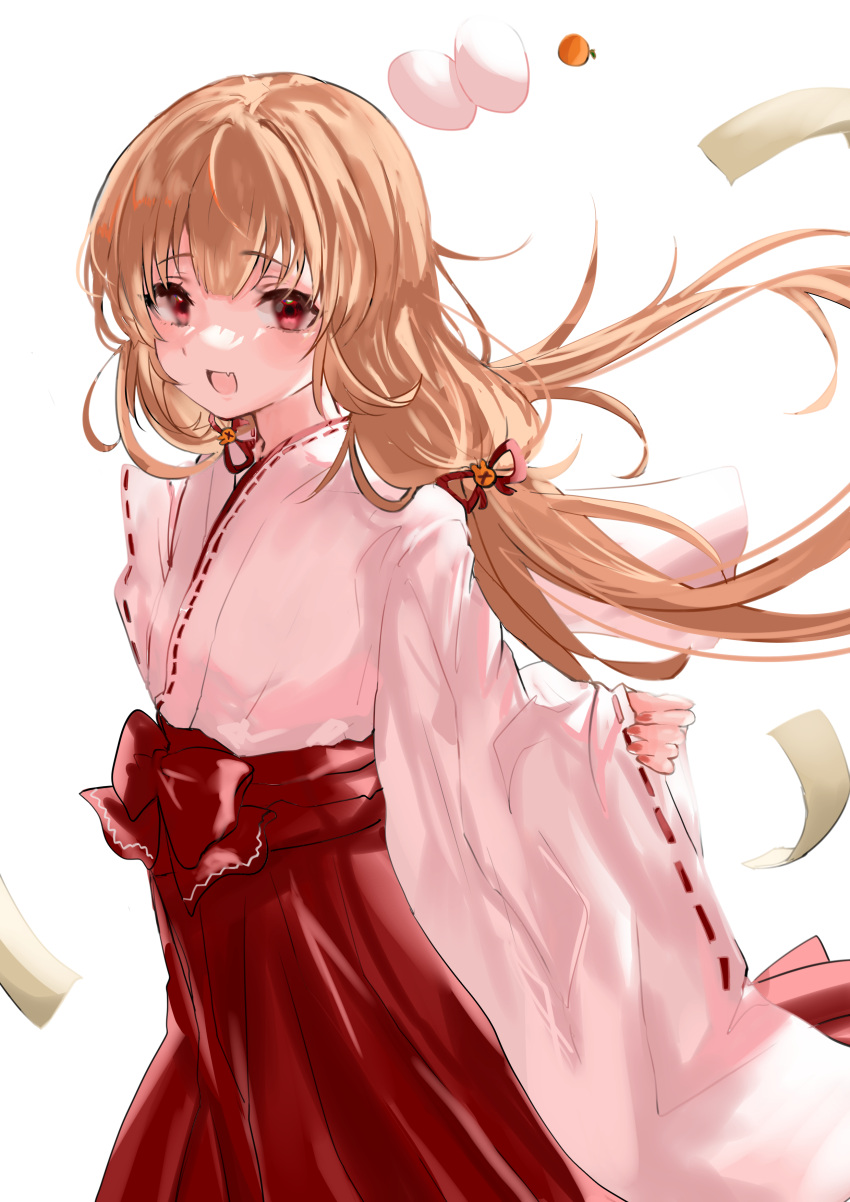 &gt;_&lt; 1girl :d absurdres bangs blush bow brown_hair bunny_hair_ornament commentary_request eyebrows_visible_through_hair fang floating_hair hair_ornament hair_ribbon hakama highres japanese_clothes kagami_mochi kimono long_hair long_sleeves looking_at_viewer low_twintails maria_(syake-uni) miko nail_polish natori_sana open_mouth pinching_sleeves red_bow red_eyes red_hakama red_nails red_ribbon ribbon ribbon-trimmed_sleeves ribbon_trim sana_channel simple_background sleeves_past_wrists smile solo twintails very_long_hair virtual_youtuber white_background white_kimono wide_sleeves