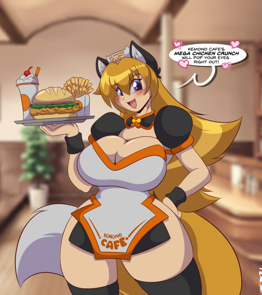 &lt;3 animal_humanoid big_breasts blue_eyes breasts burger cat_humanoid cleavage clothed clothing domestic_cat felid felid_humanoid feline feline_humanoid felis female food fries hand_on_hip hi_res humanoid looking_at_viewer mammal mammal_humanoid mastergodai milkshake open_mouth smile smiling_at_viewer solo speech_bubble text waiter