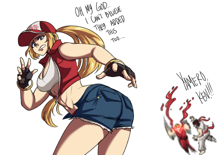 1girl 2boys ass baseball_cap blonde_hair blood blush commentary denim dougi english_commentary english_text fatal_fury fatal_fury_cap fingerless_gloves genderswap genderswap_(mtf) gloves hat ken_masters long_hair looking_at_viewer multiple_boys nosebleed ponytail romaji_text ryu_(street_fighter) snk snk_heroines:_tag_team_frenzy street_fighter street_fighter_ii_(series) super_smash_bros. terry_bogard the_king_of_fighters tina_fate