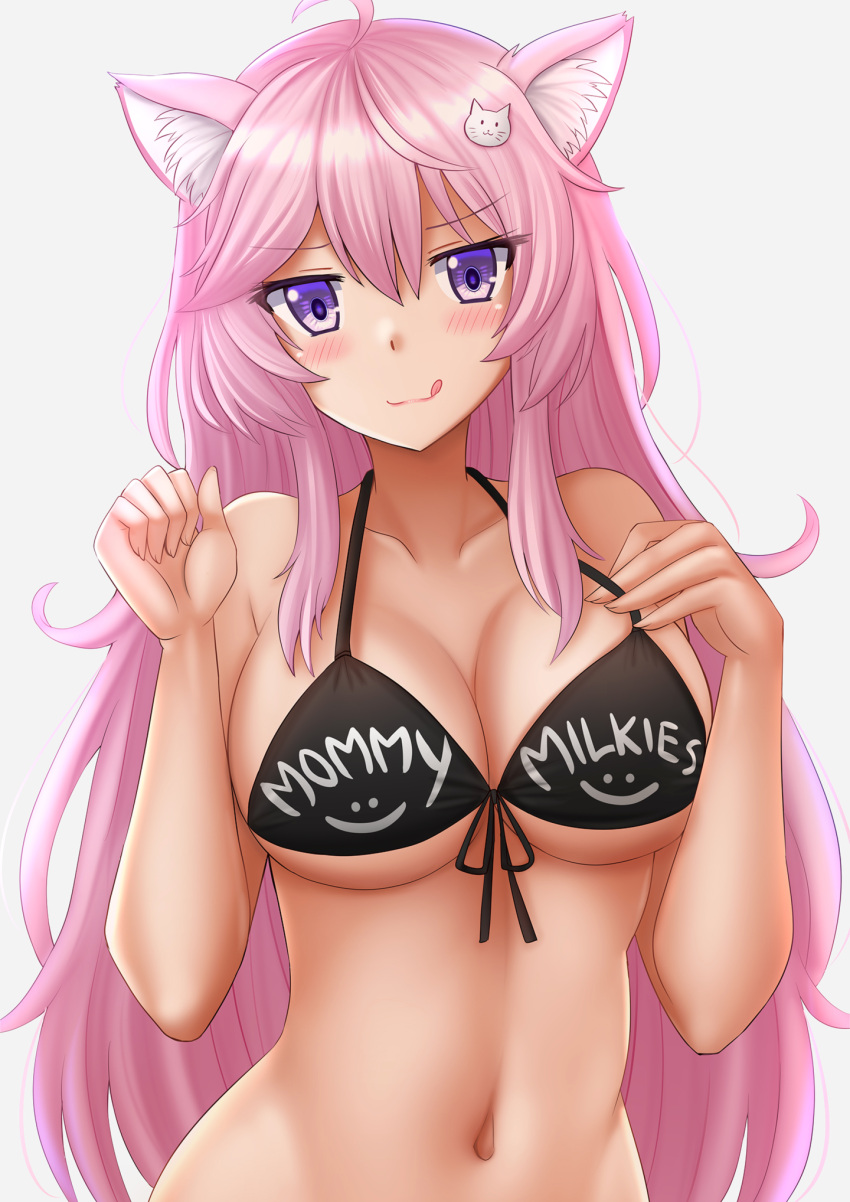 1girl ahoge animal_ear_fluff animal_ears arms_up bangs bare_shoulders bikini black_bikini blush breasts cat_ears cat_hair_ornament cleavage clothes_writing collarbone commentary commission english_commentary eyebrows_visible_through_hair hair_between_eyes hair_ornament highres kazenokaze large_breasts long_hair looking_at_viewer navel nyatasha_nyanners pink_hair purple_eyes simple_background smile solo swimsuit tongue tongue_out upper_body virtual_youtuber vshojo white_background