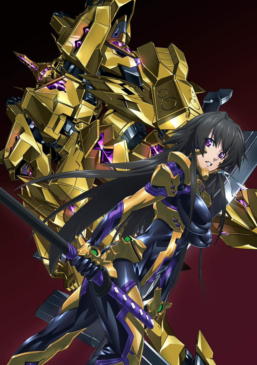 1girl absurdres black_bodysuit black_hair bodysuit breasts fortified_suit glowing highres holding holding_sword holding_weapon huge_filesize impossible_bodysuit impossible_clothes large_breasts long_hair looking_at_viewer mecha muvluv muvluv_alternative muvluv_total_eclipse paintedmike parted_lips pilot_suit purple_eyes shiny shiny_hair shiny_skin sidelocks solo standing sword takamura_yui takemikazuchi_(muvluv) teeth weapon