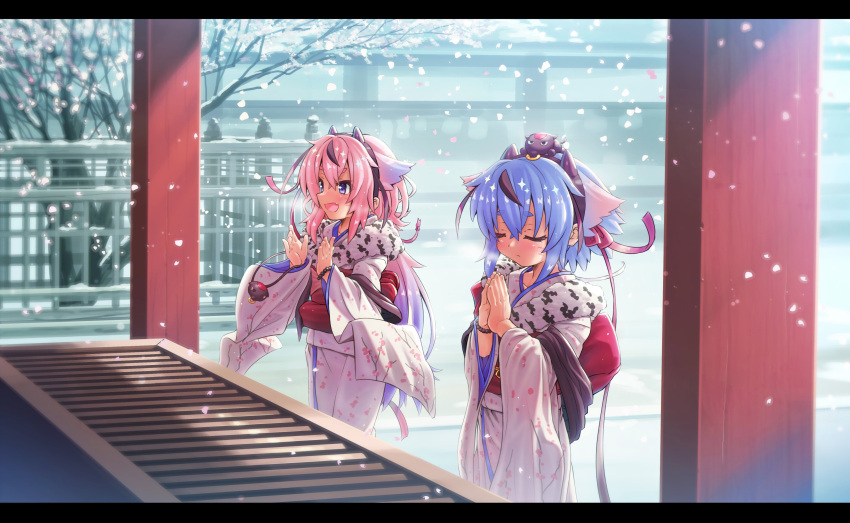 2others absurdres blue_eyes blue_hair box cherry_blossom_print cherry_blossoms closed_eyes commentary donation_box etogami_kazuya floral_print fur-trimmed_kimono fur_trim gradient_hair hagoromo hair_flaps hands_together highres japanese_clothes kimono long_hair meika_hime meika_mikoto multicolored_hair multiple_others pink_hair praying shawl shrine snowing streaked_hair tree very_long_hair vocaloid white_kimono winter