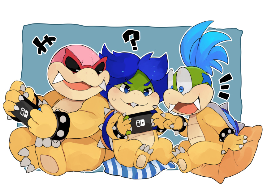 ? anthro bald blue_hair bracelet eyewear gaming group hair hi_res jewelry koopa koopaling larry_koopa ludwig_von_koopa male mario_bros nintendo nintendo_switch pillow playing_videogame roy_koopa scalie spiked_bracelet spikes sunglasses video_games zeso