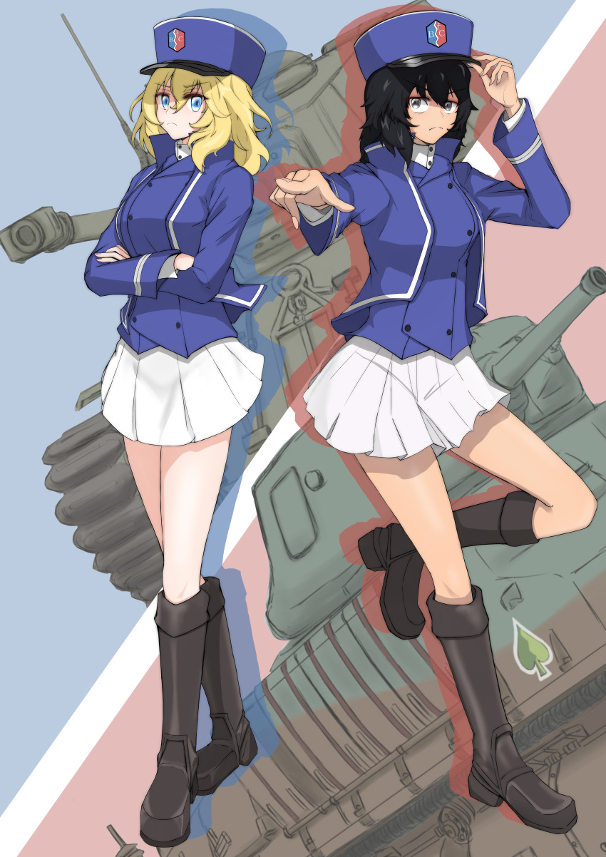 2girls absurdres adjusting_clothes adjusting_headwear andou_(girls_und_panzer) arl-44 bangs bc_freedom_(emblem) bc_freedom_military_uniform black_footwear black_hair blonde_hair blue_background blue_eyes blue_headwear blue_jacket blue_vest boots brown_eyes closed_mouth commentary_request crossed_arms dark_skin dress_shirt emblem eyebrows_visible_through_hair french_commentary frown girls_und_panzer ground_vehicle hat high_collar highres huge_filesize jacket kepi knee_boots leg_up long_sleeves looking_at_viewer medium_hair messy_hair military military_hat military_uniform military_vehicle miniskirt motor_vehicle multicolored multicolored_background multiple_girls oshida_(girls_und_panzer) pleated_skirt pointing red_background s35 shibainutank shirt silhouette skirt spade_(shape) standing standing_on_one_leg tank uniform vest white_shirt white_skirt