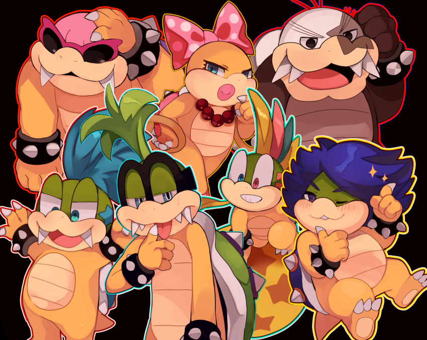 absurd_res anthro blue_hair blush bow bracelet buckteeth eyewear female glasses green_hair group hair hi_res iggy_koopa jewelry koopa koopaling larry_koopa lemmy_koopa ludwig_von_koopa male mario_bros morton_koopa_jr. multicolored_hair nintendo one_eye_closed roy_koopa scalie shell spiked_bracelet spiked_shell spikes spikes_(anatomy) sunglasses teeth video_games wendy_o._koopa wink zeso