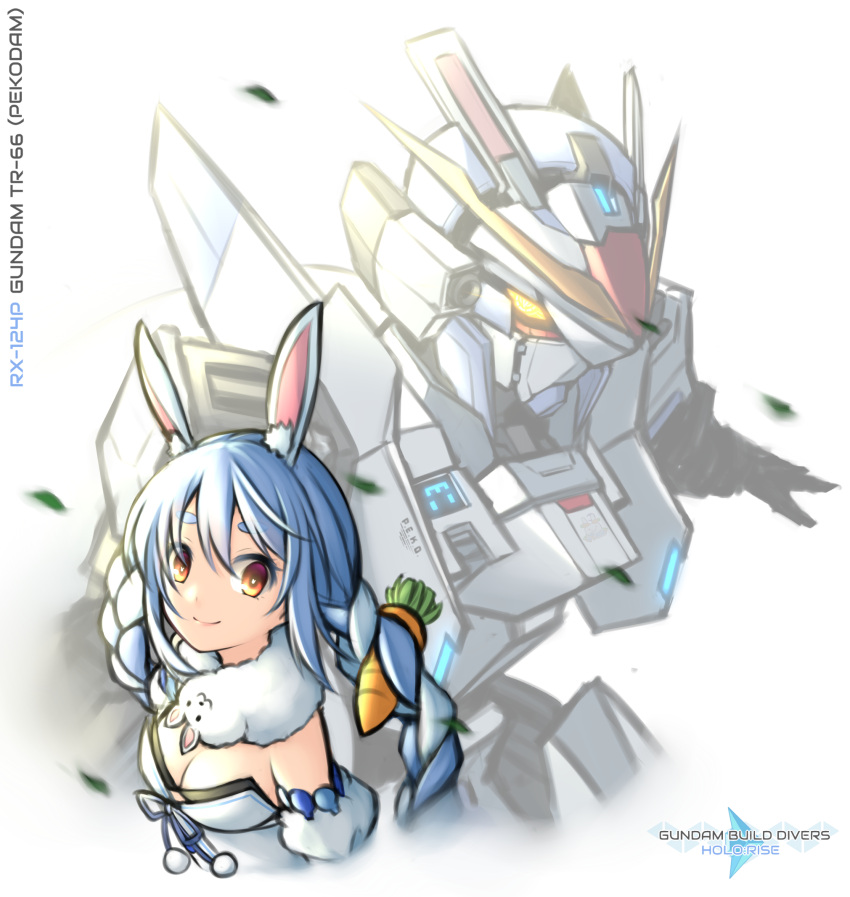 1girl advance_of_zeta animal_ear_fluff animal_ears blue_hair braid breasts bunny_ears carrot_hair_ornament character_name cleavage food_themed_hair_ornament fusion glowing glowing_eye gundam gundam_build_divers gundam_build_divers_re:rise hair_ornament highres hololive logo_parody looking_at_viewer mecha open_hand orange_eyes pekodam pinguinkotak rabbit_girl science_fiction small_breasts tr-6_woundwort twin_braids usada_pekora v-fin virtual_youtuber