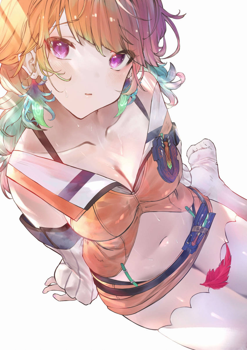 1girl absurdres bangs belt betabeet breasts cleavage earrings eyebrows_visible_through_hair feather_earrings feathers gradient_hair green_hair head_tilt highres hololive hololive_english jewelry light_blush looking_up medium_breasts multicolored_hair navel orange_hair parted_lips purple_eyes sitting skindentation soles solo takanashi_kiara thighhighs virtual_youtuber wariza white_background