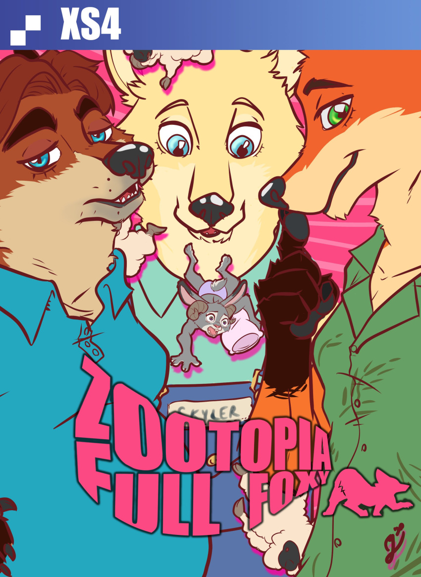 2020 5_fingers absurd_res aloha_shirt ambiguous_gender anthro arm_tuft auburn_fur auburn_hair black_nose blue_clothing blue_eyes blue_overalls blue_shirt blue_topwear bovid canid canine caprine chubby_male clothed clothing cover_art dipstick_ears disney elbow_tufts english_text female female_(lore) finger_claws fingerclaws fingers fox fur gerardson gideon_grey gloves_(marking) green_clothing green_eyes green_shirt green_topwear group half-closed_eyes hi_res holding_pillow judy_hopps lagomorph larger_male leporid looking_at_another looking_at_viewer looking_down male mammal markings multicolored_ears name_tag narrowed_eyes nick_wilde orange_body orange_fur overalls panties panties_only parted_hair parted_lips partially_clothed pattern_clothing pattern_shirt pattern_topwear pillow purple_clothing purple_panties purple_underwear rabbit red_eyes red_fox scut_tail sheep shirt signature size_difference skye_(zootopia) smaller_ambiguous smaller_female text topless topwear tuft underwear underwear_only zootopia