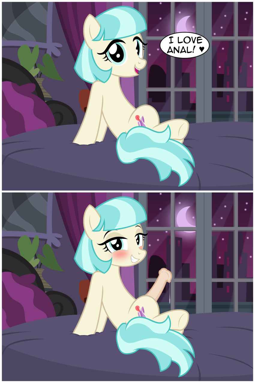 &lt;3 absurd_res alpha_channel animal_genitalia animal_penis badumsquish bed bedroom_eyes blue_eyes blue_hair blush bodily_fluids border city cityscape coco_pommel_(mlp) comic crescent_moon dialogue english_text equid equine equine_penis erection friendship_is_magic furniture genital_fluids genitals hair hasbro hi_res horse looking_at_viewer male mammal moon my_little_pony narrowed_eyes night penis pony precum seductive smile star text transparent_border two_panel_image