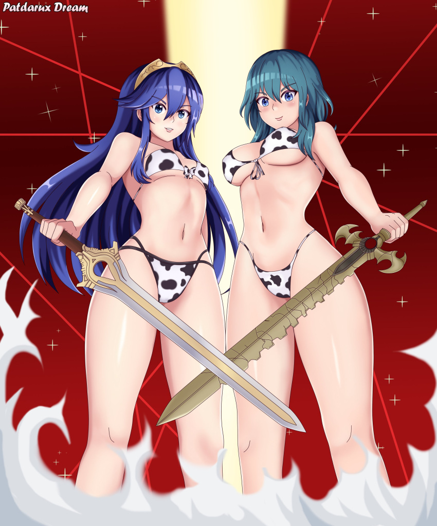 2021 2girls absurdres animal_print bikini breasts byleth_(fire_emblem) byleth_(fire_emblem)_(female) chinese_zodiac cow_print falchion_(fire_emblem) fire_emblem fire_emblem:_three_houses fire_emblem_awakening fire_emblem_heroes happy_new_year highres kill_la_kill long_hair lucina_(fire_emblem) multiple_girls navel new_year patdarux super_smash_bros. swimsuit sword weapon year_of_the_ox