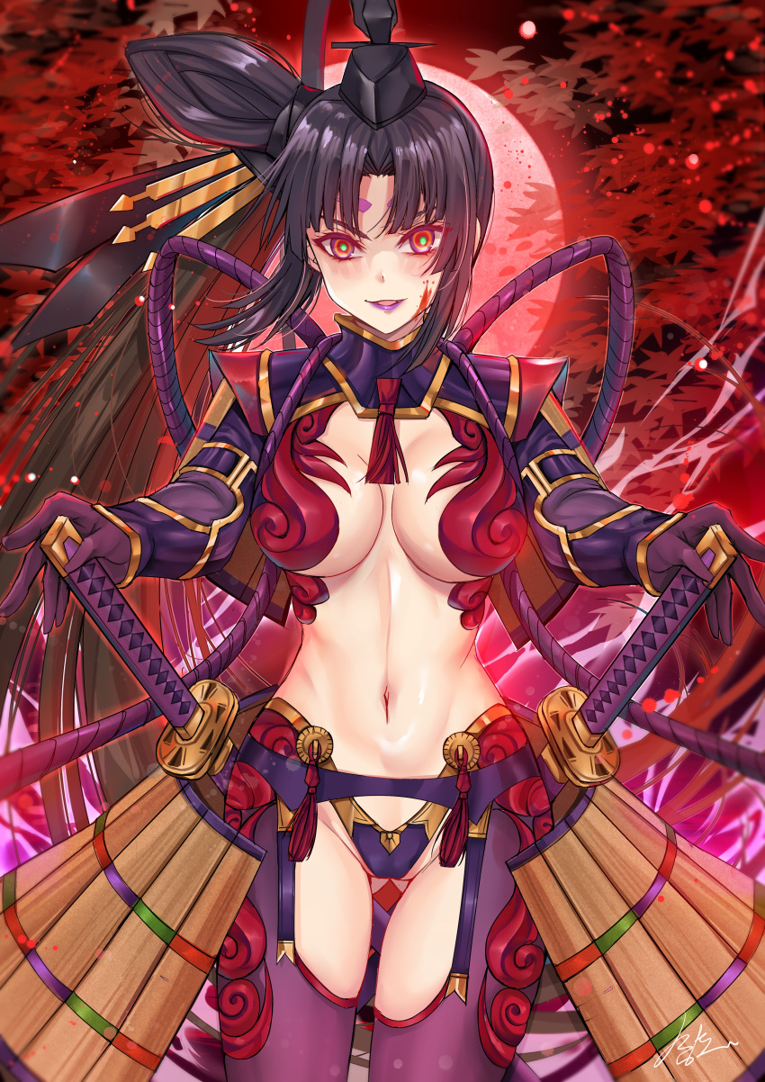 1girl :d absurdres armor ass_visible_through_thighs bangs bikini_armor black_hair blood blood_on_face blunt_bangs breasts cleavage commentary_request cowboy_shot eyebrows_behind_hair fate/grand_order fate_(series) groin gu_li hat highres hikimayu holding holding_sword holding_weapon japanese_armor katana kote large_breasts lipstick long_hair looking_at_viewer makeup midriff moon navel open_mouth parted_bangs purple_lipstick red_eyes red_moon red_sky revealing_clothes sheath sheathed shrug_(clothing) side_ponytail sidelocks sky smile solo standing sword tagme tokin_hat ushiwakamaru_(avenger)_(fate) ushiwakamaru_(fate/grand_order) very_long_hair weapon