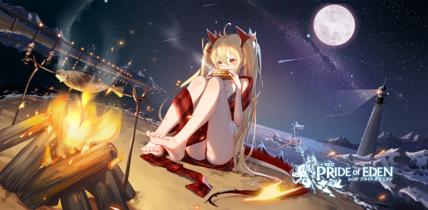 2girls aliasing bikini blonde_hair clouble fire food lighthouse long_hair moon night red:_pride_of_eden sky stars swimsuit tagme_(character) twintails water