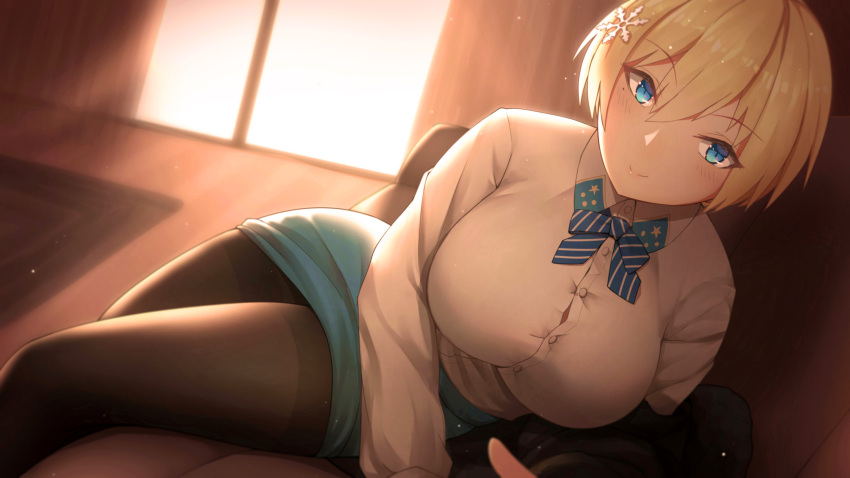 1girl absurdres belt black_legwear blue_belt blue_ribbon blush breasts couch duplicate eyebrows_visible_through_hair girls_frontline hair_between_eyes hair_ornament highres indoors large_breasts long_sleeves looking_at_viewer mole mole_under_eye neck_ribbon ribbon shirt sitting skirt smile snowflake_hair_ornament sunlight sunset taut_clothes taut_skirt vsk-94_(girls_frontline) white_shirt window wo_you_yibei_jia_wanli