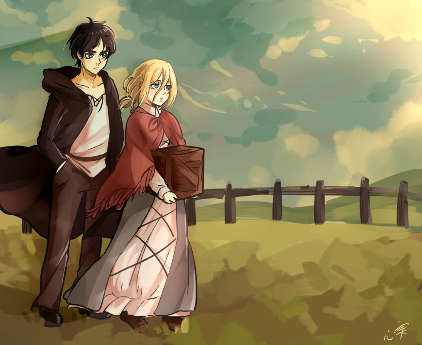 1boy 1girl bangs black_hair blonde_hair blue_eyes box brown_hair christa_renz coat dress eren_yeager farm green_eyes hair_between_eyes hands_in_pockets hood hooded_coat hooded_jacket hoodie jacket kokomi_(aniesuakkaman) lifting long_hair long_sleeves low_ponytail medium_hair open_mouth ponytail shingeki_no_kyojin short_hair tied_hair