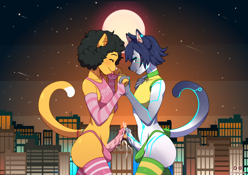 anthro blackcat97 blush city cityscape clothed clothing confusedkitty crossdressing destroyed_building duo ejaculation felid feline frottage girly hainequem hand_holding hi_res macro male male/male mammal sex