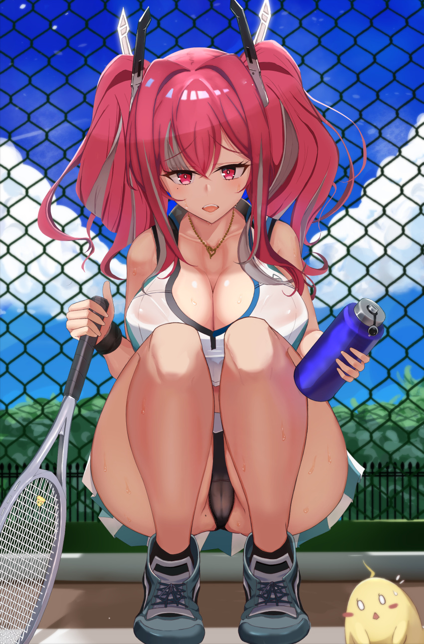 1girl absurdres azur_lane bare_shoulders black_panties bottle breasts bremerton_(azur_lane) bremerton_(scorching-hot_training)_(azur_lane) chain-link_fence cleavage crop_top crop_top_overhang dogmomiji eyebrows_visible_through_hair fence green_shirt green_skirt grey_hair heart heart_necklace highres holding holding_bottle holding_racket large_breasts long_hair manjuu_(azur_lane) miniskirt multicolored_hair no_mole panties pink_eyes pink_hair racket see-through shirt shoes skirt sleeveless sleeveless_shirt solo sportswear streaked_hair tennis tennis_court tennis_racket tennis_uniform two-tone_shirt two-tone_skirt underwear water_bottle white_shirt white_skirt