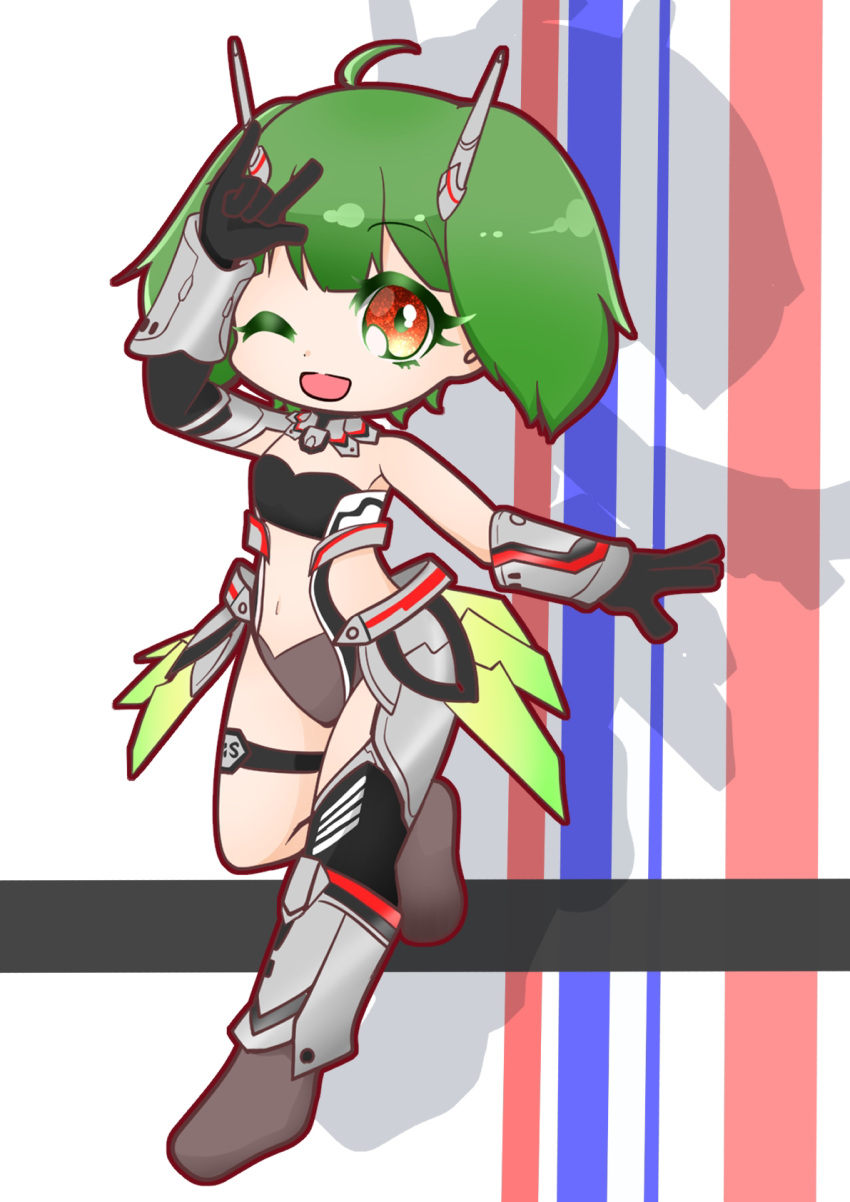 1girl :d bangs black_gloves chibi cosplay eyebrows_visible_through_hair gloves green_hair highres korona_ukiyo looking_at_viewer macross macross_frontier mecha_musume midriff_cutout navel one_eye_closed open_hand open_mouth ranka_lee shadow short_hair smile solo thigh_strap vf-25 vf-25_(cosplay)