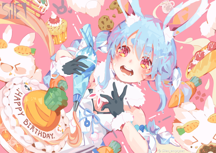 ! 1girl absurdres animal_ear_fluff animal_ears artist_logo bangs black_gloves blue_hair blush braid bunny_ears cake carrot carrot_cake carrot_hair_ornament chocolate_chip_cookie coat commentary cookie creature cupcake decorating don-chan_(usada_pekora) doughnut english_commentary eyebrows_visible_through_hair flying_teardrops food food_request food_themed_hair_ornament fruit fur-trimmed_gloves fur_trim gloves hair_ornament highres holding hololive icing long_hair looking_at_viewer multicolored_hair nousagi_(usada_pekora) open_mouth orange_eyes pastry_bag rabbit_girl silen simple_background solo strawberry symbol_commentary symbol_in_eye tears teeth thick_eyebrows twin_braids twintails twitter_username two-tone_hair upper_body usada_pekora virtual_youtuber white_coat white_hair yellow_eyes