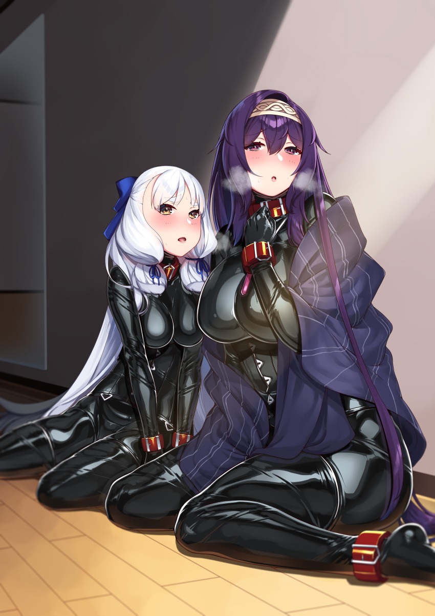 2girls absurdres ankle_cuffs bdsm black_bodysuit blush bodysuit bow collar corset cuffs hair_bow hairband heavy_breathing hie_(hiememiko) hiememiko highres kantai_collection latex latex_bodysuit looking_at_viewer multiple_girls murakumo_(kantai_collection) original purple_eyes purple_hair shiny shiny_clothes sitting sitting_on_floor skin_tight wariza white_hair wrist_cuffs yellow_eyes