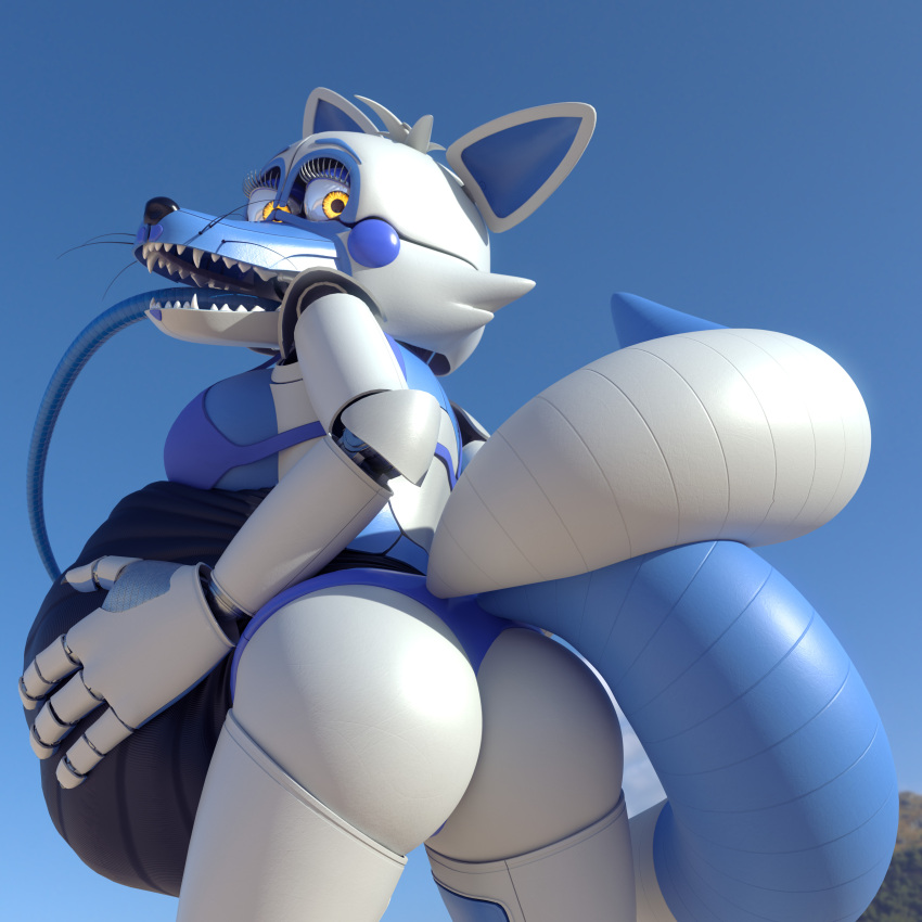 1:1 3d_(artwork) absurd_res animatronic anthro bluffy bra breasts butt canid canine clothing digital_media_(artwork) female fox hand_on_stomach hi_res kristall_krit looking_at_viewer looking_back looking_back_at_viewer machine mammal multi_tail presenting presenting_hindquarters robot sharp_teeth solo solo_focus teeth tentacle_tongue tentacles tongue twin_tail underwear vore