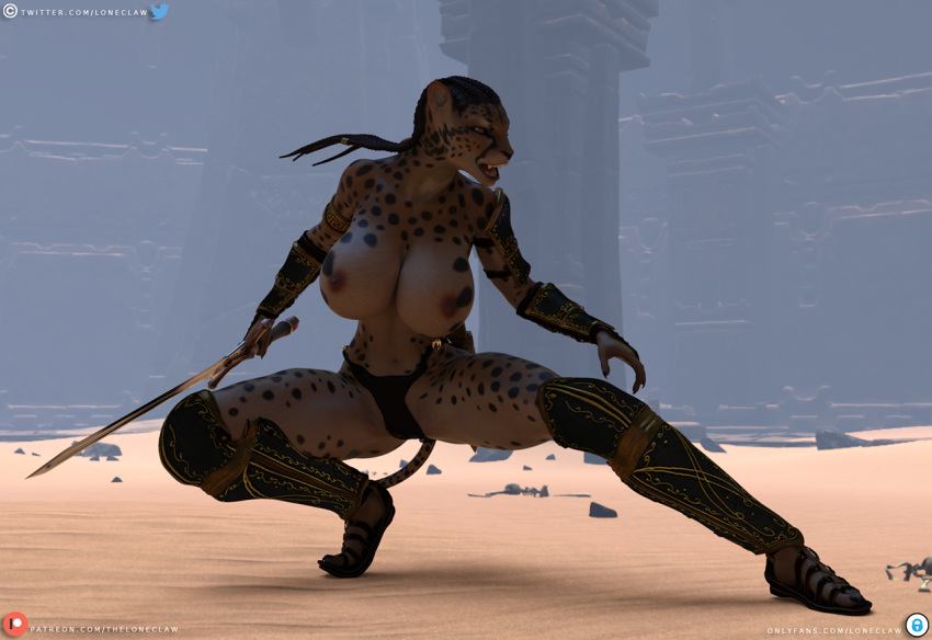 3d_(artwork) amazonian anthro arena armor artificial_lifeform athletic athletic_anthro athletic_female big_breasts bioroid bottomwear braided_hair breasts cheetah clothed clothing conan_exiles curvy_figure daz3d daz_3d daz_studio digital_media_(artwork) dungeon ennex_wandi_(loneclaw) felid feline female fighting_pose footwear hair holding_object holding_sword holding_weapon hourglass_figure loincloth loneclaw mammal melee_weapon muscular muscular_anthro muscular_female panties partially_clothed pose sand sandals slim small_waist solo super_soldier sword text topless topless_female unconvincing_armor underwear url weapon