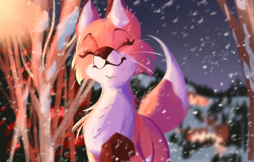 2021 blurred_background canid canine cheek_tuft detailed_background dipstick_tail facial_tuft feral fox fur hi_res light lighting mammal multicolored_tail orange_body orange_fur outside plant snow snowing solo tohupo tree tuft white_body white_fur white_whiskers