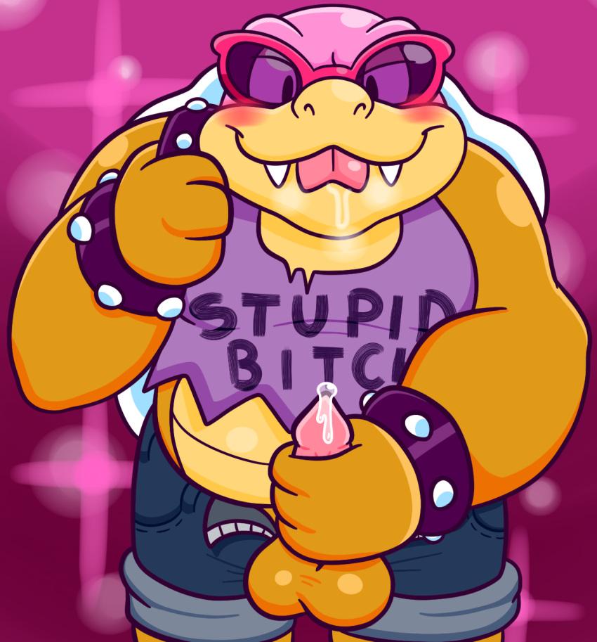 anthro balls blush bodily_fluids bottomwear bracelet clothing erection eyewear genital_fluids genitals hi_res jewelry koopa koopaling male mario_bros masturbation midriff_baring_shirt nintendo penile penile_masturbation penis precum roy_koopa scalie shell shorts sinribbons solo spiked_bracelet spikes sunglasses torn_clothing video_games