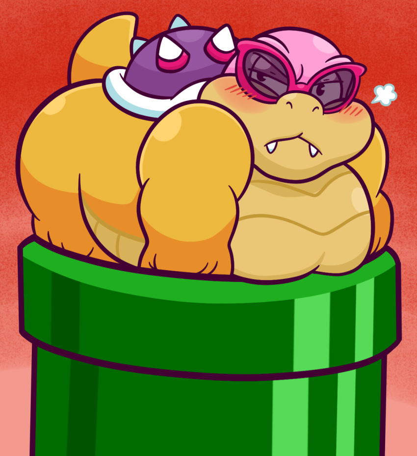 anthro blush butt cute_fangs embarrassed eyewear hi_res koopa koopaling male mario_bros nintendo pecs pipe roy_koopa scalie shell sinribbons solo spiked_shell spikes spikes_(anatomy) stuck sunglasses video_games