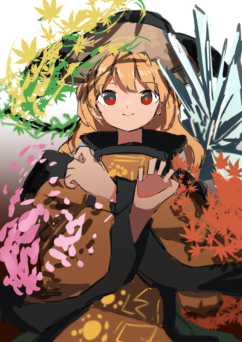 1girl absurdres blonde_hair cherry_blossoms constellation_print crossed_arms goddess green_skirt hat hidden_star_in_four_seasons highres ice leaf long_sleeves looking_at_viewer matara_okina neruzou petals red_eyes seasons skirt solo tabard touhou wide_sleeves