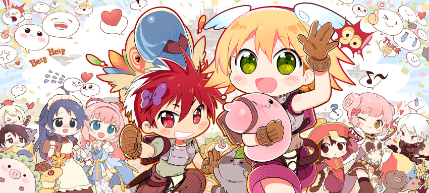 ! &gt;3&lt; ... 4boys 5girls :3 ? afro ahoge anger_vein animal apple apple_o_archer apron archbishop_(ragnarok_online) arm_blade armor backpack bag bangs baphomet_jr bird black_eyes blonde_hair blue_dress blue_eyes blue_hair blush braid braided_ponytail breastplate brown_dress brown_gloves brown_hair brown_legwear brown_pants brown_shorts brown_skirt castle character_request chest_guard chibi choker cleavage_cutout clenched_hand clipboard closed_mouth clothing_cutout collared_shirt commentary_request confetti cowboy_shot cross crying dark_skin demon double_bun dress earrings emoticon eyebrows_visible_through_hair eyes_visible_through_hair fake_wings feathers fishnet_legwear fishnets flower food frilled_sleeves frills fruit gauntlets genetic_(ragnarok_online) geographer_(ragnarok_online) gloom_(expression) gloves goat green_eyes green_gloves green_shirt grin guillotine_cross_(ragnarok_online) hair_between_eyes hair_ribbon hat head_wings heart heart-shaped_pupils help highres holding holding_clipboard holding_flower jewelry jiangshi kafra_uniform laughing leaf leaf_on_head light_bulb long_hair long_sleeves looking_at_viewer maid maid_headdress mao_yu mouth_hold multicolored_hair multiple_boys multiple_girls munak musical_note nervous novice_(ragnarok_online) o3o one_eye_closed open_mouth oversized_animal pants pauldrons pavianne_(ragnarok_online) peco_peco pig pink_hair plant popped_collar poring potion puffy_short_sleeves puffy_sleeves pulling qing_guanmao raccoon ragnarok_online ranger_(ragnarok_online) red_armor red_eyes red_hair red_ribbon red_vest ribbon royal_guard_(ragnarok_online) sash savage_babe scabbard sheath shield shirt short_hair short_sleeves shorts shoulder_armor skirt slime_(creature) smile smokie_(ragnarok_online) smug solid_oval_eyes spiked_hair spoken_ellipsis spoken_exclamation_mark spoken_heart spoken_light_bulb spoken_musical_note spoken_o spoken_question_mark spoken_sweatdrop star_(symbol) star_earrings sweat sweatdrop symbol-shaped_pupils teeth thank_you thighhighs thumbs_up tongue too_many two-tone_dress v vest waving weapon white_apron white_dress white_gloves white_hair white_legwear white_sash wings wolf x_x yellow_sash