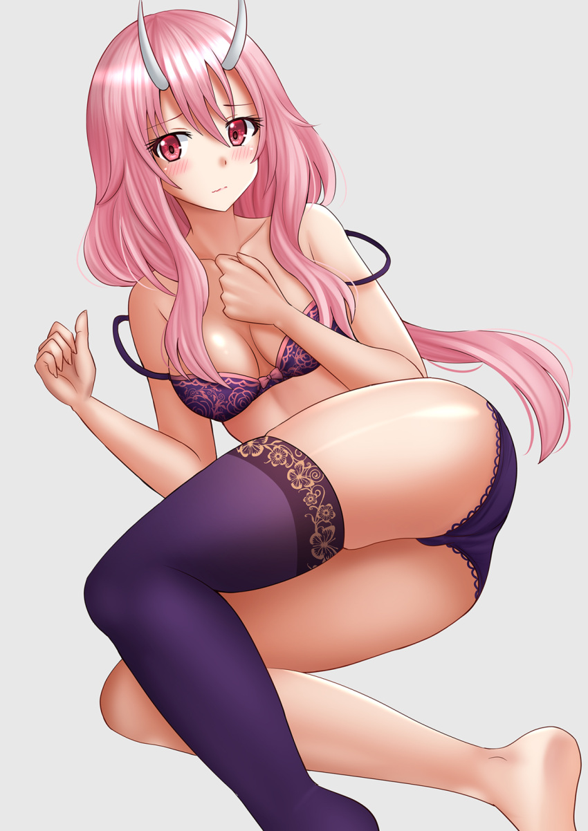 1girl ass bangs bare_arms bare_shoulders barefoot blush bow bow_bra bra breasts closed_mouth collarbone eyebrows_visible_through_hair grey_background hair_between_eyes hands_up highres horns kazenokaze long_hair looking_at_viewer lying medium_breasts on_side panties pink_hair purple_bra purple_legwear purple_panties red_eyes shuna_(tensei_shitara_slime_datta_ken) simple_background single_thighhigh soles solo tensei_shitara_slime_datta_ken thighhighs underwear underwear_only very_long_hair