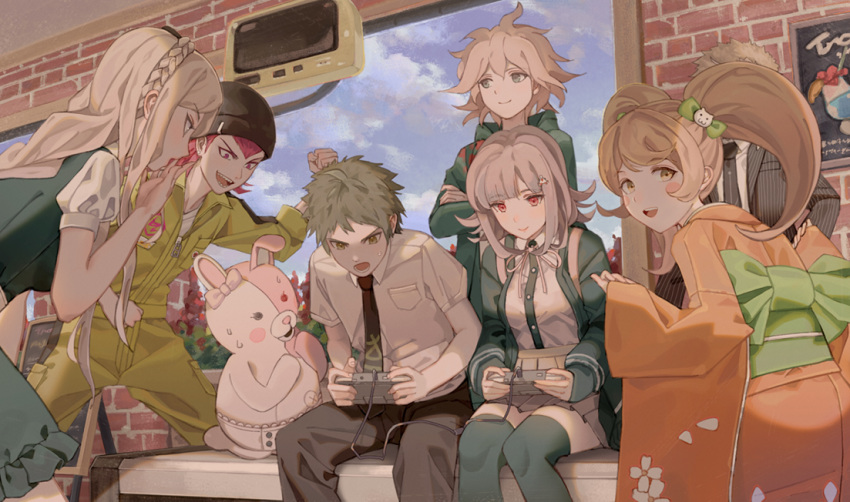 3girls 4boys :d ahoge backpack bag bangs bench black_headwear black_neckwear black_shirt blonde_hair blush_stickers braid breast_pocket brick_wall brown_hair brown_pants brown_skirt clenched_hand closed_mouth collared_shirt commentary_request covering_mouth danganronpa_(series) danganronpa_2:_goodbye_despair day diaper dress_shirt eyebrows_visible_through_hair green_jacket grey_hair hair_ornament hairclip hand_over_own_mouth hand_up handheld_game_console hat hinata_hajime holding holding_handheld_game_console hood hooded_jacket indoors jacket japanese_clothes kimono komaeda_nagito kuzuryuu_fuyuhiko leaning_forward long_hair long_sleeves looking_at_another looking_at_viewer maachi_(fsam4547) medium_hair messy_hair monomi_(danganronpa) multiple_boys multiple_girls nanami_chiaki neck_ribbon necktie open_clothes open_jacket open_mouth pants pink_hair pink_ribbon playing_games pleated_skirt pocket puffy_short_sleeves puffy_sleeves red_eyes ribbon saionji_hiyoko shirt short_hair short_sleeves sitting skirt smile sonia_nevermind souda_kazuichi standing striped_jacket sweatdrop television thighhighs twintails two-tone_shirt upper_teeth white_shirt