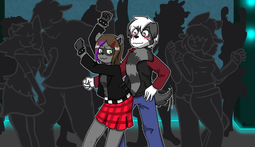 anthro blush bodily_fluids breasts brown_hair canid canine canis clothed clothing dancing domestic_dog dress duo_focus female fiona_(artist) green_eyes group hair hi_res looking_back male male/female mammal procyonid raccoon sweat sweatdrop tailwag white_hair