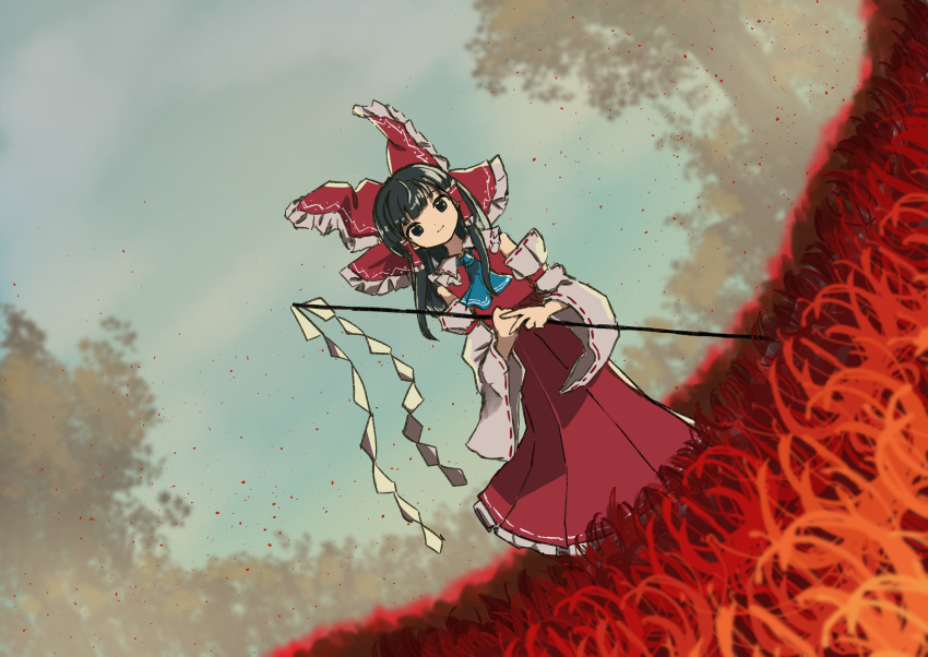 1girl absurdres bare_shoulders black_hair blue_neckwear bow detached_sleeves dutch_angle flower frilled_bow frills gensoukyou gohei hair_bow hair_tubes hakurei_reimu highres japanese_clothes looking_at_viewer medium_hair miko neruzou outdoors petals red_bow red_flower ribbon-trimmed_sleeves ribbon_trim sidelocks sky smile solo spider_lily touhou tree