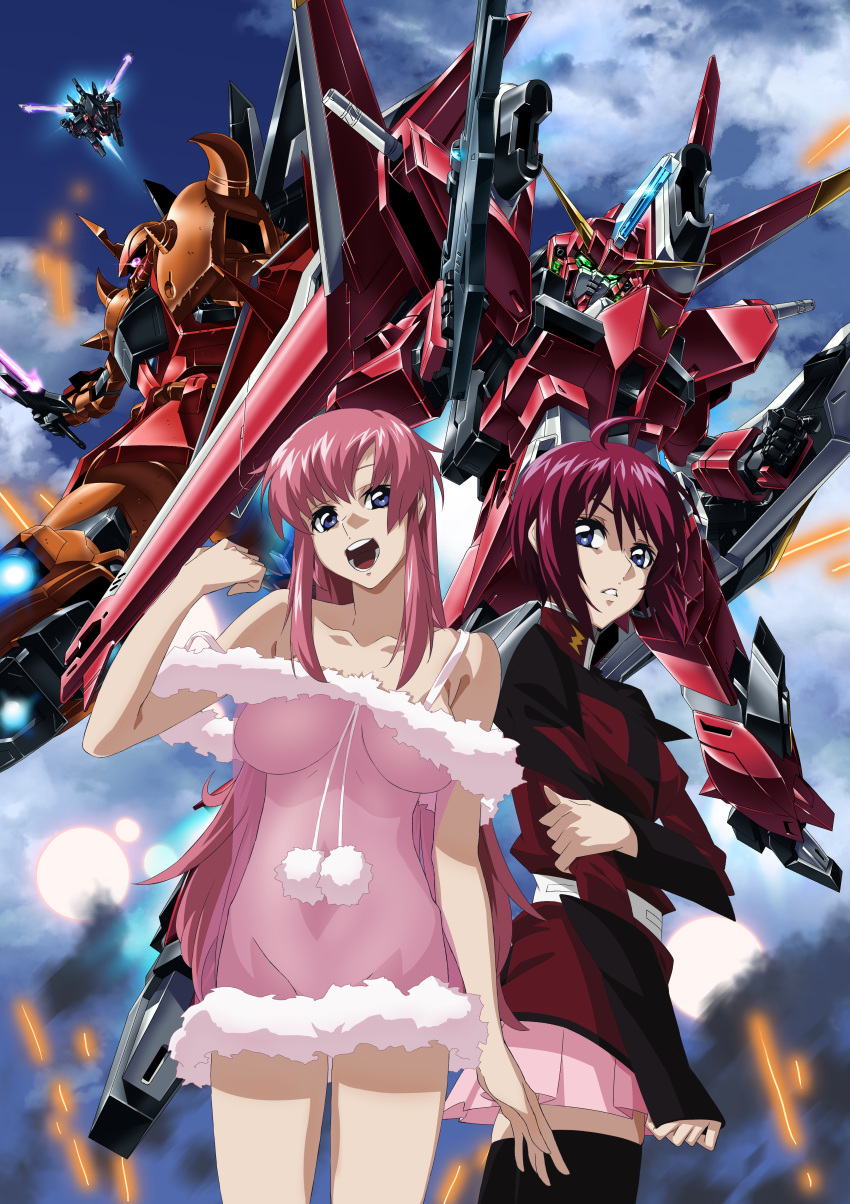 2girls absurdres ahoge babydoll blue_eyes breasts clenched_hands flying gaia_gundam glowing glowing_eyes gouf_ignited green_eyes gundam gundam_seed gundam_seed_destiny highres holding holding_shield holding_sword holding_weapon huge_filesize large_breasts long_hair looking_at_viewer looking_down lunamaria_hawke mecha mechanical_wings meer_campbell military military_uniform multiple_girls navel no_panties one-eyed open_mouth paintedmike parted_lips pink_hair pink_skirt purple_eyes red_hair saviour_gundam see-through shield shiny shiny_hair short_hair skirt smile standing sword teeth uniform v-fin weapon wings