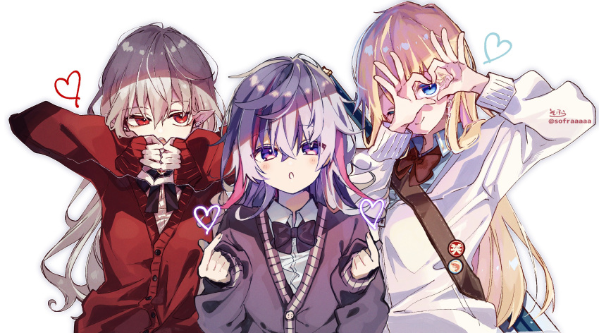 3girls ;) arm_up badge bangs black_bow black_cardigan blonde_hair blue_eyes blue_shirt blush bow breasts brown_bow button_badge cardigan closed_mouth collared_shirt commentary_request cropped_torso double_middle_finger dress_shirt ear_piercing earrings ex_albio eyebrows_visible_through_hair fuwa_minato genderswap genderswap_(mtf) glint grey_background grey_hair hair_between_eyes hand_up hands_up heart heart-shaped_pupils highres hood hood_down hooded_jacket jacket jewelry kuzuha_(nijisanji) long_hair long_sleeves looking_at_viewer medium_breasts middle_finger multicolored_hair multiple_girls nijisanji one_eye_closed parted_lips piercing pink_hair pointy_ears puffy_long_sleeves puffy_sleeves purple_eyes purple_hair red_cardigan red_eyes shirt signature simple_background sleeves_past_wrists smile sofra streaked_hair sword sword_behind_back symbol-shaped_pupils twitter_username upper_body very_long_hair virtual_youtuber weapon white_background white_jacket white_shirt