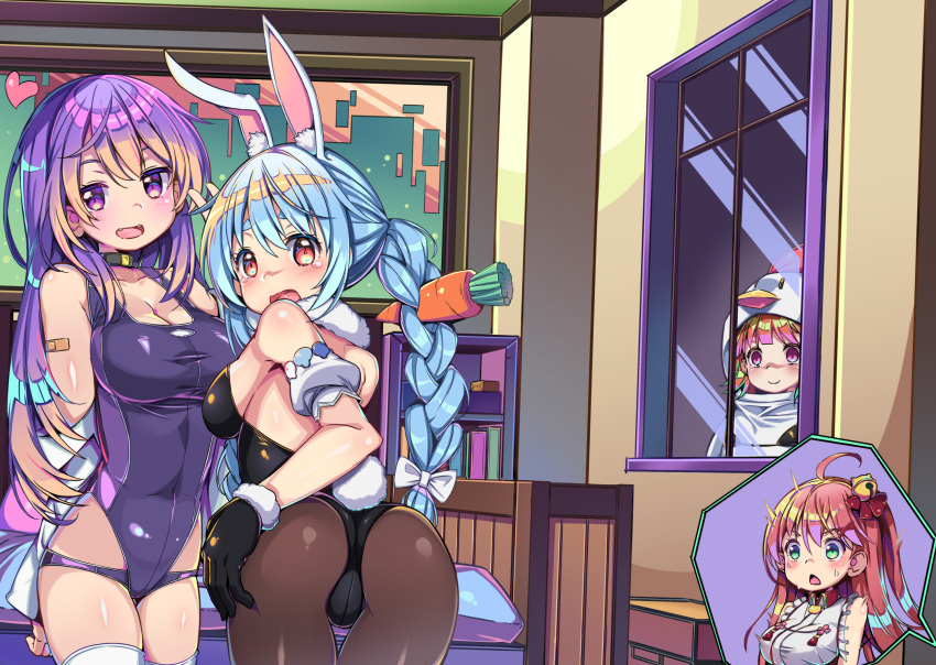 4girls ahoge animal_ears arm_strap bandaid bandaid_on_arm bangs bare_shoulders bed bell black_gloves black_legwear black_leotard blue_hair blush braid breasts bunny_ears carrot_hair_ornament chai_mao chicken_costume chinese_commentary commentary_request eyebrows_visible_through_hair food_themed_hair_ornament gloves green_eyes hair_bell hair_between_eyes hair_ornament highres hololive indoors japanese_clothes leotard long_hair looking_at_another looking_at_viewer medium_breasts miko moona_hoshinova multiple_girls open_mouth orange_hair pantyhose pink_hair purple_eyes purple_hair rabbit_girl red_eyes sakura_miko side_ponytail sidelocks swimsuit swimwear takanashi_kiara twin_braids usada_pekora virtual_youtuber white_legwear