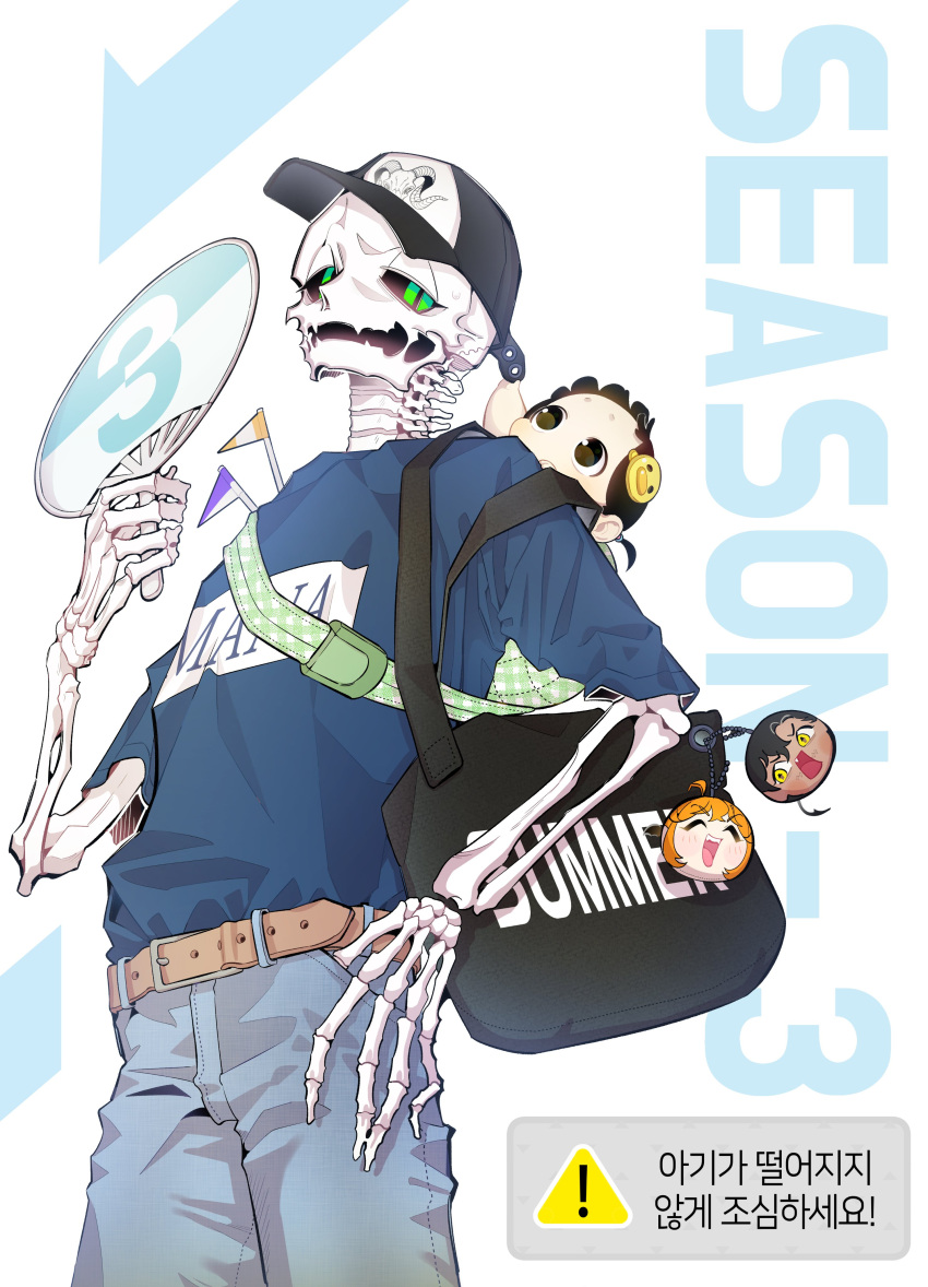 absurd_res animated_skeleton baby bag belt bone clothed clothing duo fan_(disambiguation) green_eyes hat headgear headwear hi_res human male mammal narrowed_eyes not_furry simple_background skeleton the_skeleton_becomes_a_cat_dad undead young