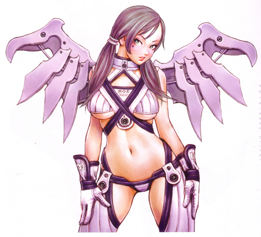 bangs bare_shoulders blush breasts breasts_apart clothes_writing contrapposto cowboy_shot crop_top eyelashes facial_mark gloves green_eyes grey_hair groin hair_over_shoulder hair_tie hands_on_own_thighs head_tilt highres hips legs_apart lipstick long_hair looking_at_viewer low_twintails makeup mechanical_wings medium_breasts midriff navel non-web_source parted_lips red_lipstick revealing_clothes scan sideways_glance simple_background solo standing star straight_hair turtleneck twintails underboob white_background white_gloves wide_hips wings yamashita_shun'ya