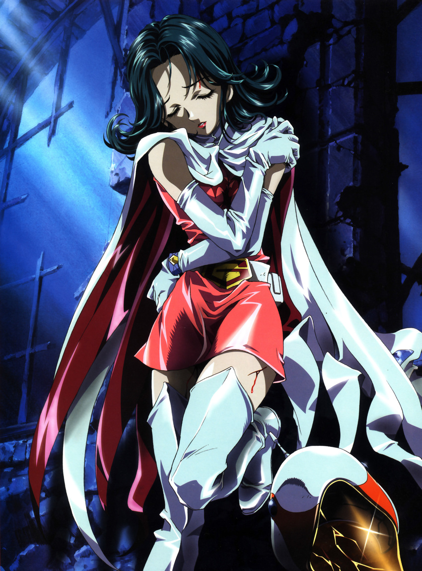 70s absurdres belt blood boots cape closed_eyes dress elbow_gloves gatchaman gloves green_hair helmet highres injury jun_the_swan kawarajima_kou oldschool scan solo thigh_boots thighhighs zettai_ryouiki