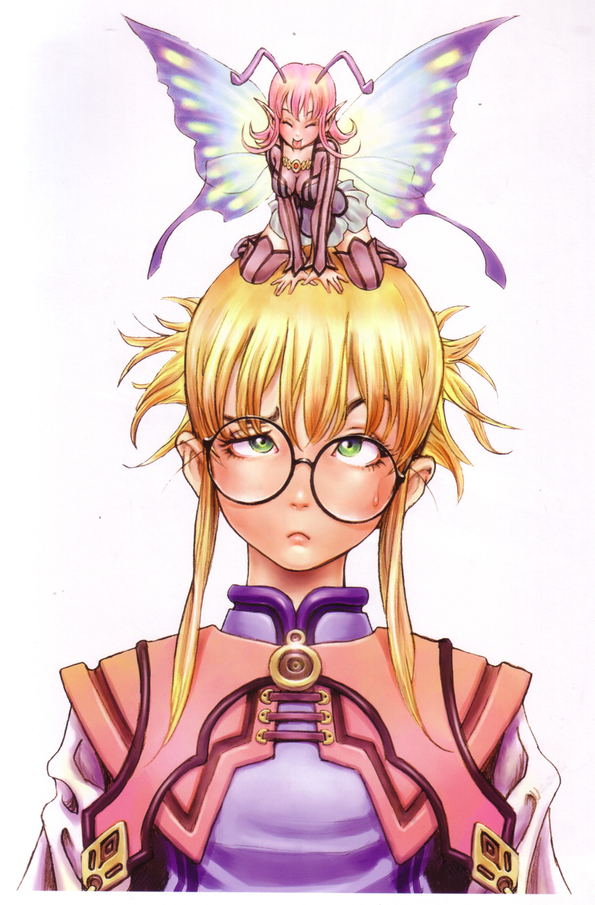 :p ^_^ absurdres all_fours antennae bangs black-framed_eyewear blonde_hair blue_wings breasts brooch butterfly_wings capelet closed_eyes closed_mouth colored_stripes crooked_eyewear depth_fantasia fairy flipped_hair fran_fran frown full_body gem glasses gradient gradient_wings hair_between_eyes highres jewelry legs_apart looking_up medium_breasts medium_hair messy_hair minigirl miniskirt multicolored multicolored_wings multiple_girls official_art on_head person_on_head pink_hair pleated_skirt pointy_ears raised_eyebrow relulu round_eyewear ruby_(stone) scan shoes sidelocks simple_background size_difference skirt striped striped_legwear sweatdrop thighhighs tongue tongue_out turtleneck upper_body vertical_stripes white_background wings yamashita_shun'ya zettai_ryouiki