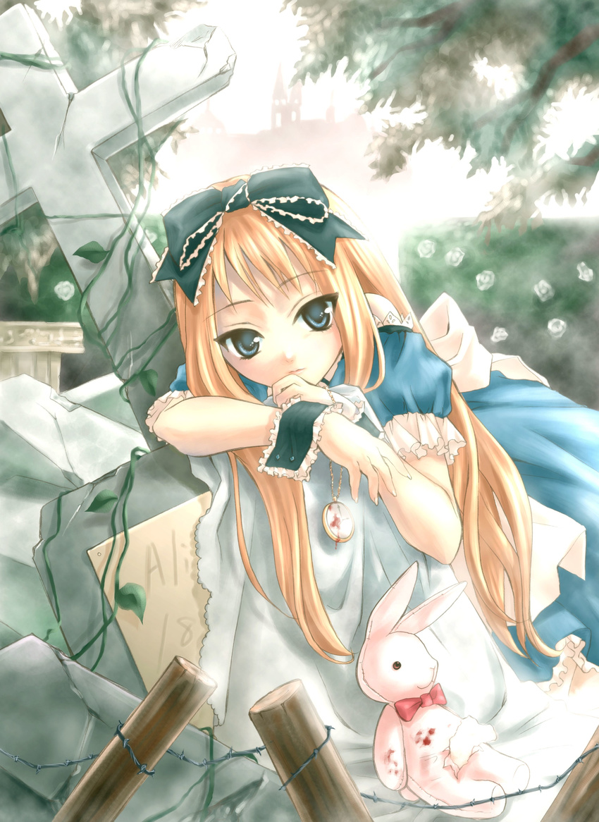 absurdres alice_(wonderland) alice_in_wonderland blonde_hair blood blue_eyes cross highres latin_cross long_hair nekou_izuru pocket_watch watch white_rabbit wrist_cuffs