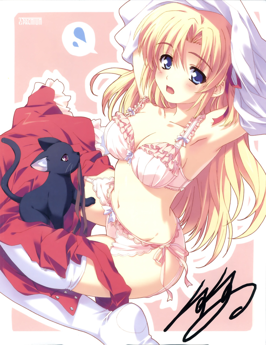 absurdres blonde_hair blue_eyes bra cat highres kusukusu lingerie marie_rudel panties sakura_strasse solo thighhighs underwear underwear_only undressing