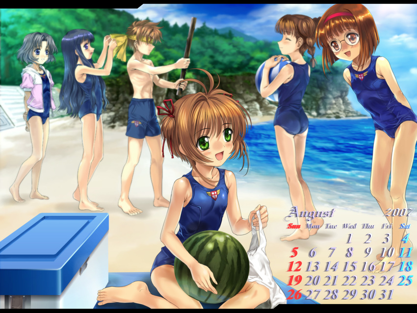 calendar card_captor_sakura daidouji_tomoyo kinomoto_sakura li_syaoran mihara_chiharu moonknives sasaki_rika swimsuits yanagisawa_naoko