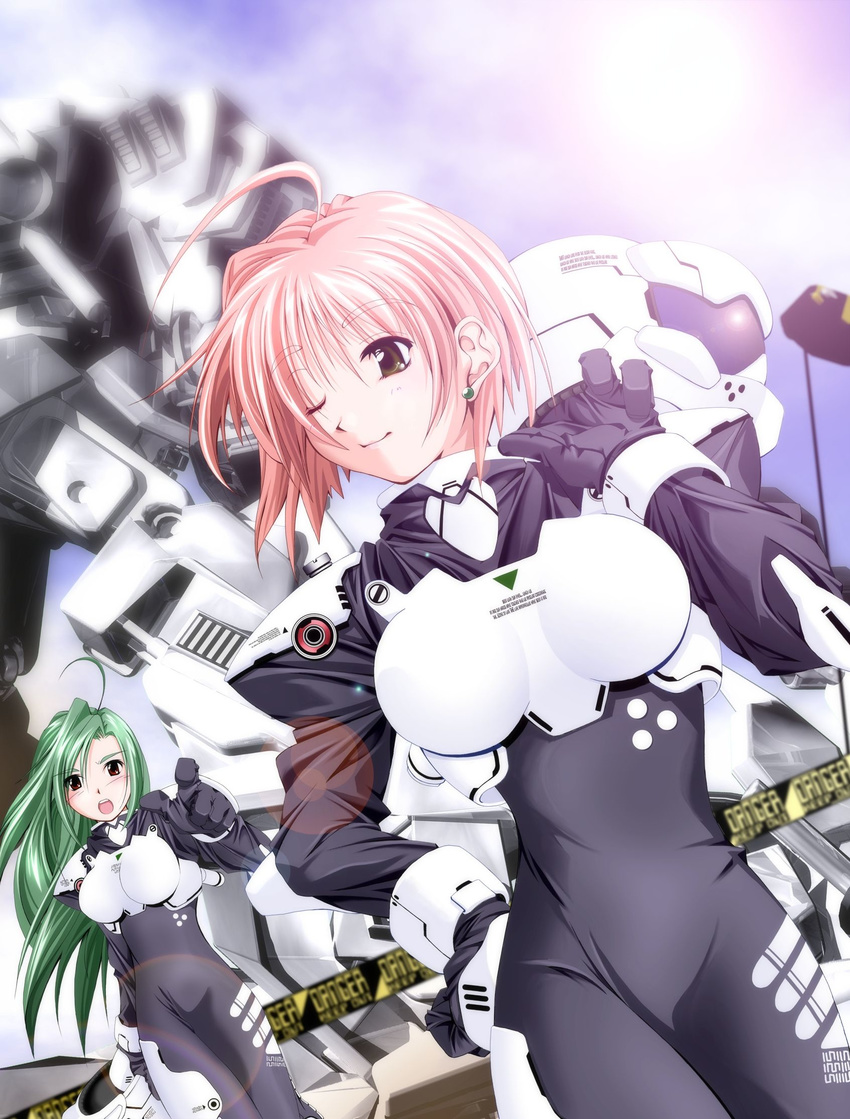 armor artist_request black_bodysuit bodysuit brown_eyes copyright_request green_hair helmet highres long_hair mecha multiple_girls pink_hair science_fiction short_hair