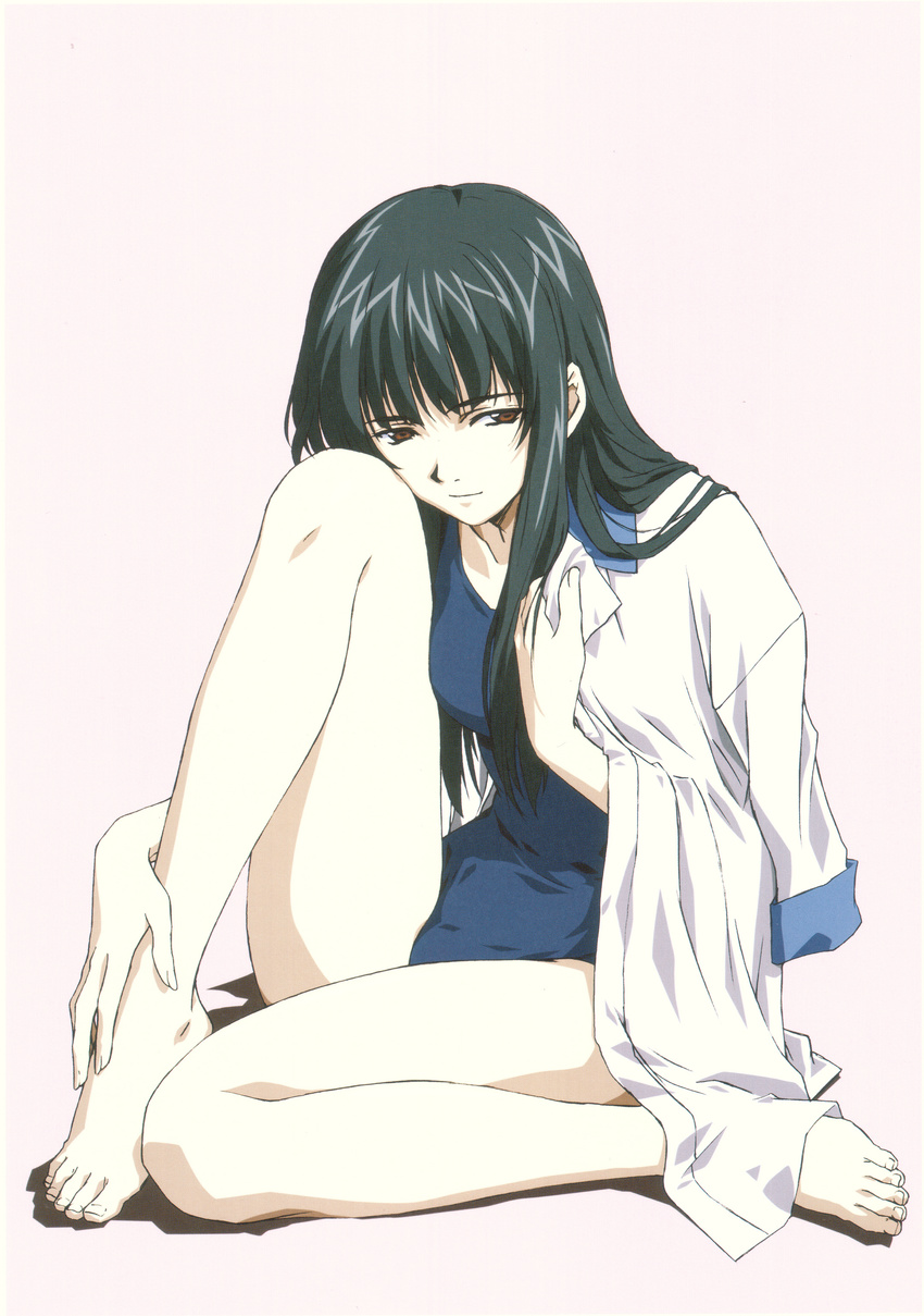 absurdres bare_legs barefoot black_hair blue_swimsuit breasts brown_eyes closed_mouth collared_shirt dress_shirt feet full_body hand_on_ankle head_rest highres holding_clothes horibe_hiderou interlude knee_up long_hair long_legs looking_at_viewer medium_breasts one-piece_swimsuit pink_background school_swimsuit shirt shirt_on_shoulders simple_background sitting smile solo swimsuit watsuji_aya white_shirt