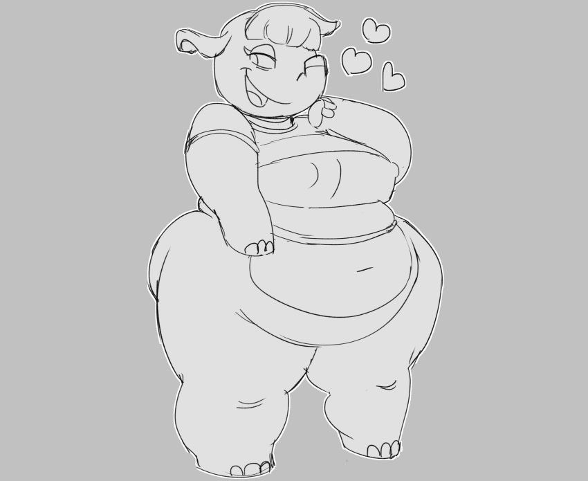 &lt;3 animal_crossing anthro belly big_belly big_breasts big_butt bottomless breasts butt clothed clothing elephant elephantid eloise_(animal_crossing) female gnauseating hi_res mammal monochrome navel nintendo nipple_outline overweight overweight_anthro overweight_female proboscidean proboscis_(anatomy) shirt solo thick_thighs topwear trunk_(anatomy) video_games wide_hips